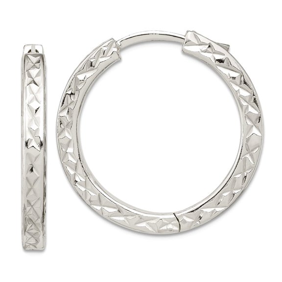 925 Sterling Silver Polished Sparkle-Cut Square Tube Locking Hoop Earrings 27.7x28.1mm Wide 3.2mm Thick Hoop Earring for