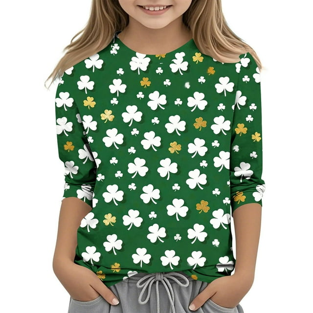 Tauxra Chandail de la Saint-Patrick pour Adultes, T-Shirt à Manches 3/4 Imprimé Col Rond, T-Shirt Graphique Trèfle Décontracté à Manches Longues pour Activités Festives