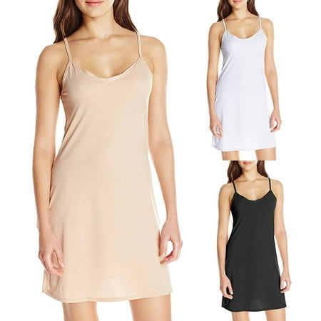 MNCEKFOD Summer Dresses for Women 2362 Full Slip Basic Not Adjustable Spaghetti Strap Lingerie Under Dress Nightwear Relaxed Fit Dress White S