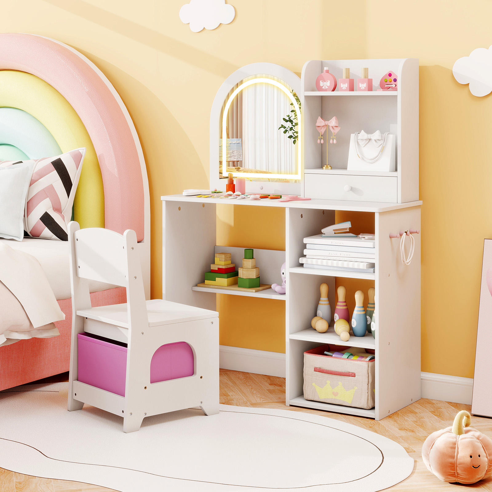 Gymax Kids Vanity Set Princess Girls Makeup Vanity Desk w/ 3-Color LED Lighted Mirror White