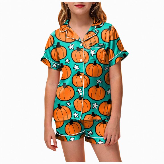 Leey-World Toddler Girls Halloween Pajamas Kids Satin Pajama Sets Classic Button Down 2pcs Sleepwear Pjs for Girls Relaxed Home Wear