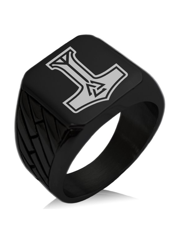 Stainless Steel Valknut Mjolnir Thor's Hammer Geometric Pattern Biker Style Polished Ring