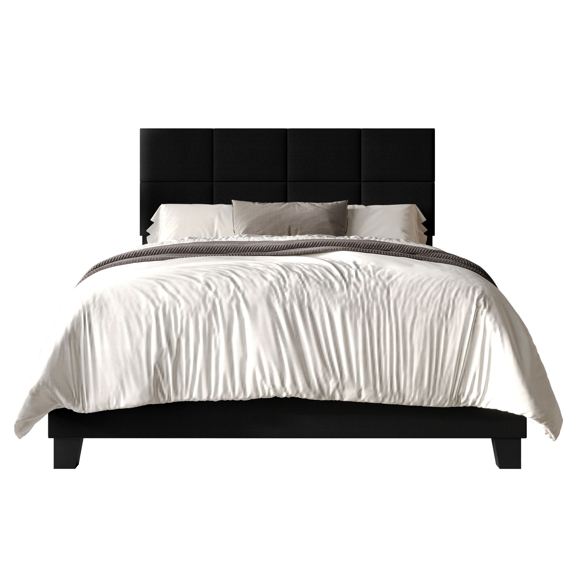 Home Design Lufkin King Upholstered Panel Bed Frame with Checkered Tufted Headboard & Foam-Filled Comfort, Black, Easy Assembly