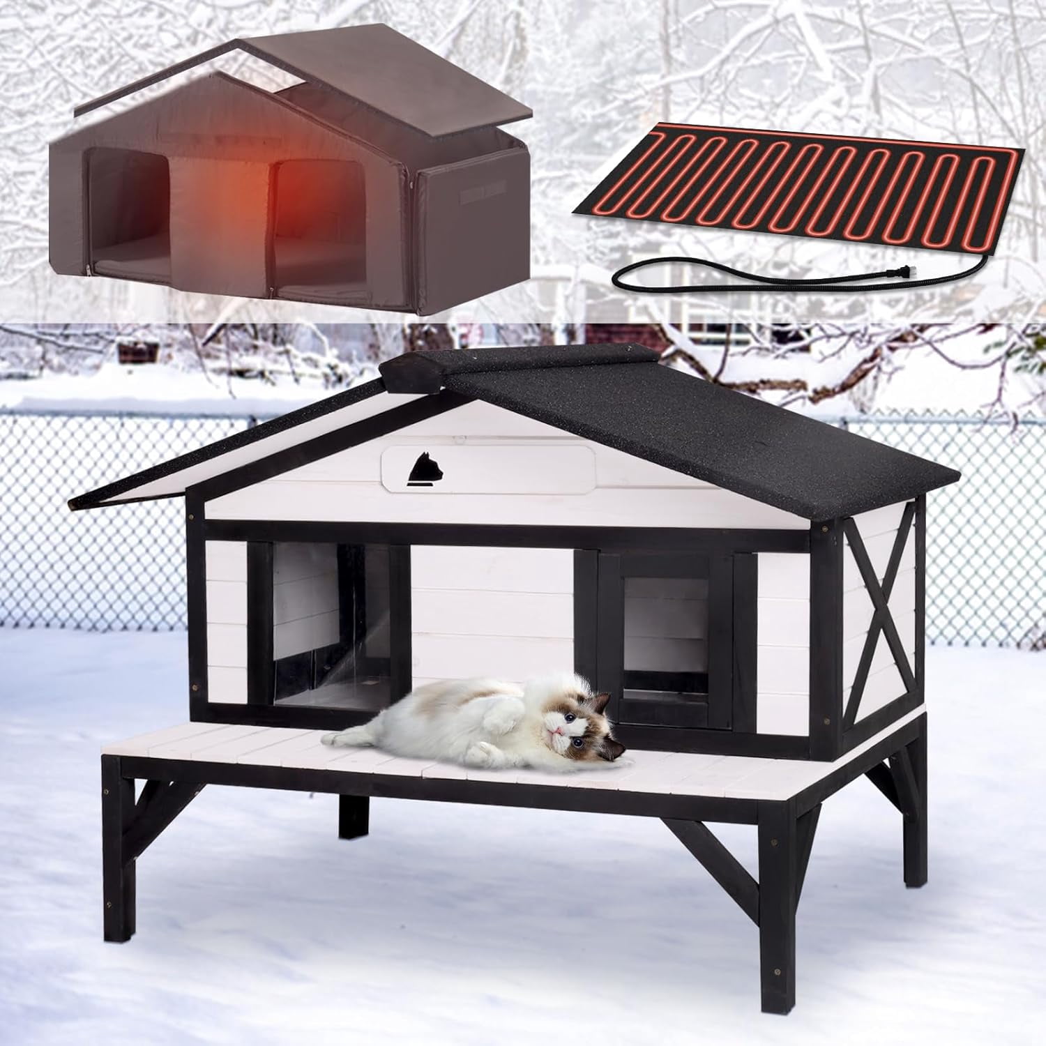 Aivituvin Heated Cat House for Outside Large Outdoor Cat House Insulated Weatherproof Feral Cat Shelter with Heating Pad, Insulated Thermal Liner, Chewproof Cable for 1-4 Cats, Winter-Ready (Black)