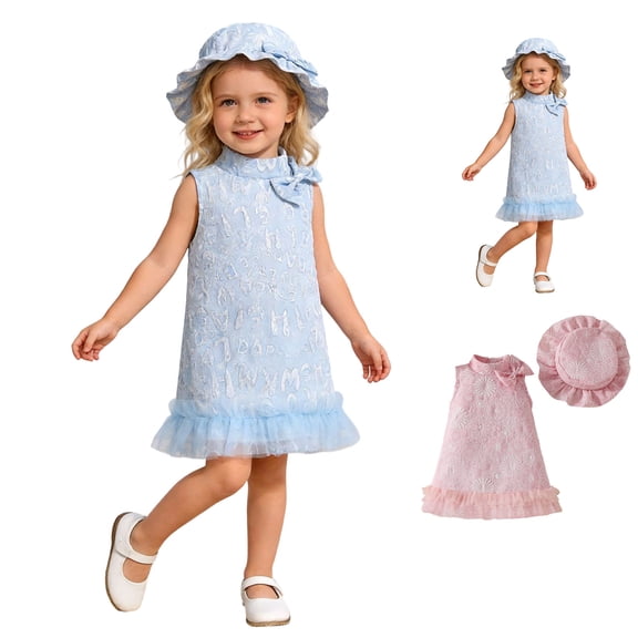QSXADF Girls' Summer Casual Dress Sundress Children's Summer Girls' Solid Color Stand Up Collar Print Bow Mesh Decorative Dress hat 2-piece Set Summer Outfits
