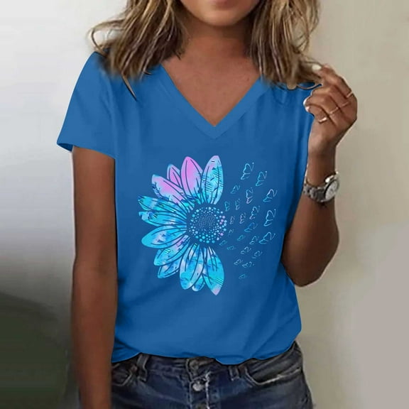 Oversized Tshirts for Women, Sunflower Pattern Print Crew Neck Short Sleeve Loose Tees, Blue XL