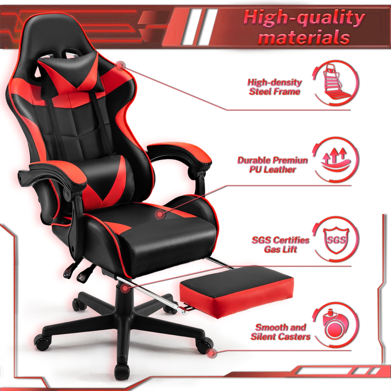 Luxvie Gaming Chair High Back Office Chair with Footrest, Headrest, Massage Lumbar Support Swivel Ergonomic Gamer Chair for Adults, Red