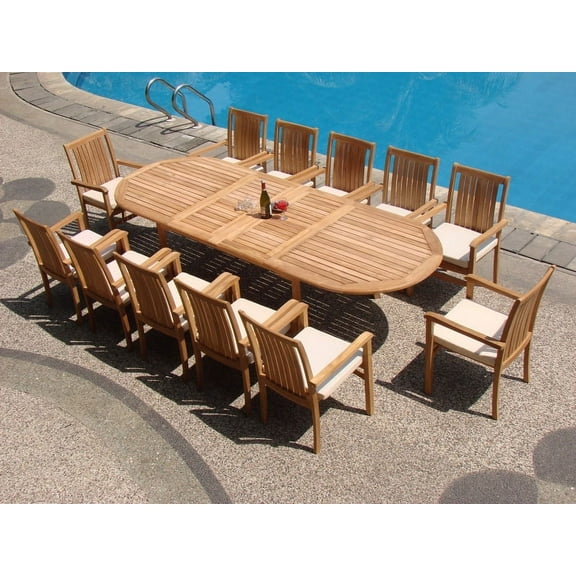 Teak Dining Set:12 Seater 13 Pc - 117" Oval Table And 12 Cahyo Stacking Arm Chairs Outdoor Patio Grade-A Teak Wood WholesaleTeak #WMDSCHd