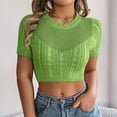 thumbnail image 5 of JGGSPWM Womens Cap Sleeve Cable Knit Hollow Out Crop Tops Crew Neck Loose Pullover Sweaters Green S, 5 of 5
