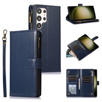 Dteck Wallet Case for Samsung Galaxy S23 Ultra, 9 Card Holder Slots Zipper Pocket Handbag Case Magnetic Closure Kickstand with Wrist Strap TPU Shockproof Flip Case for Samsung S23 Ultra 6.8 Inch,Blue