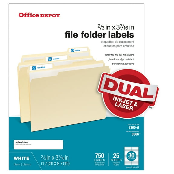 White Permanent Inkjet/Laser File Folder Labels, 505-O004-0011, 2/3in x 3 7/16in, White, Pack Of 750