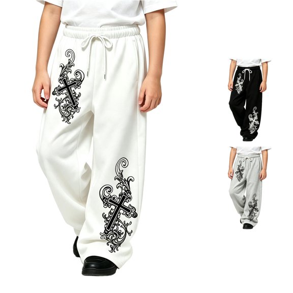 Luvior Y2k Baggy Sweatpants Boy and Girls Gothic Graphic Elastic Waist Wide Leg Track Pants Drawstring Athletic Joggers with Pockets