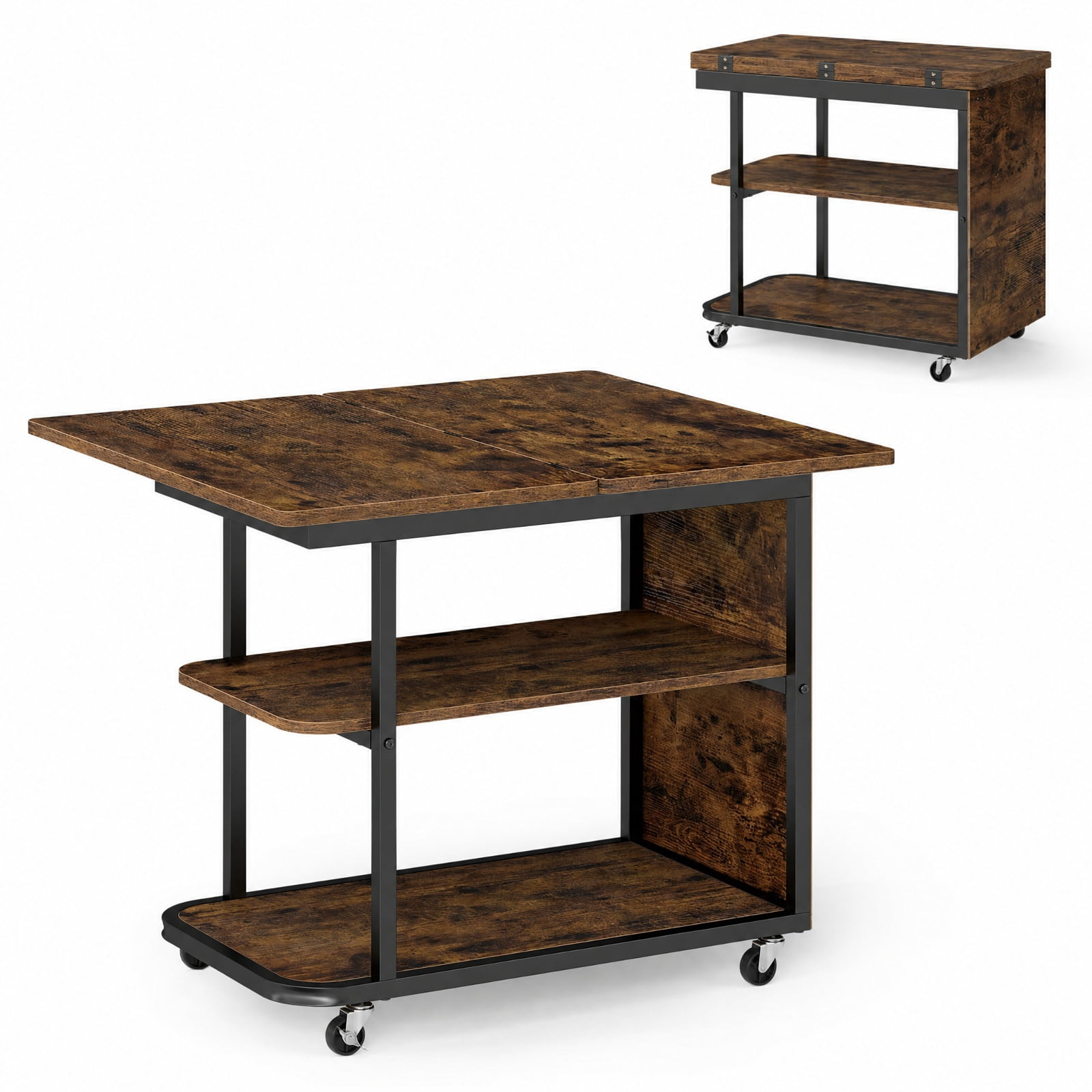 Furnibear Mobile Nightstand with Foldable Swivel Top and 2 Tier Shelf Rolling Bedside Table for Small Spaces Bedroom, Rustic Brown