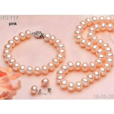 EOEMY 8- 9mm Pink Freshwater Cultured Pearl Bracelet Necklace Earrings Set 925 Silver