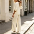 thumbnail image 5 of Uootdi Women's 2 Piece Matching Lounge Set Puff Sleeve Peter Pan Collar Button Top Drawstring Wide Leg Linen Pants Set with Pockets, 5 of 7