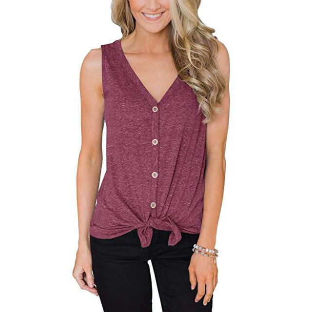 Camisetas sin mangas con cuello en V y botones para mujer, camisetas básicas informales de verano sin mangas, camisola con tiras en la parte delantera, Wine Red-XL oso de fresa vestir