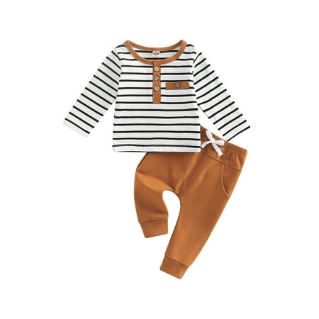 

LWXQWDS Toddler Baby Boys Fall Winter Outfits Long Sleeve Striped T-Shirt Tops Solid Drawstring Pants Infant 2Pcs Clothes Caramel 18-24 Months