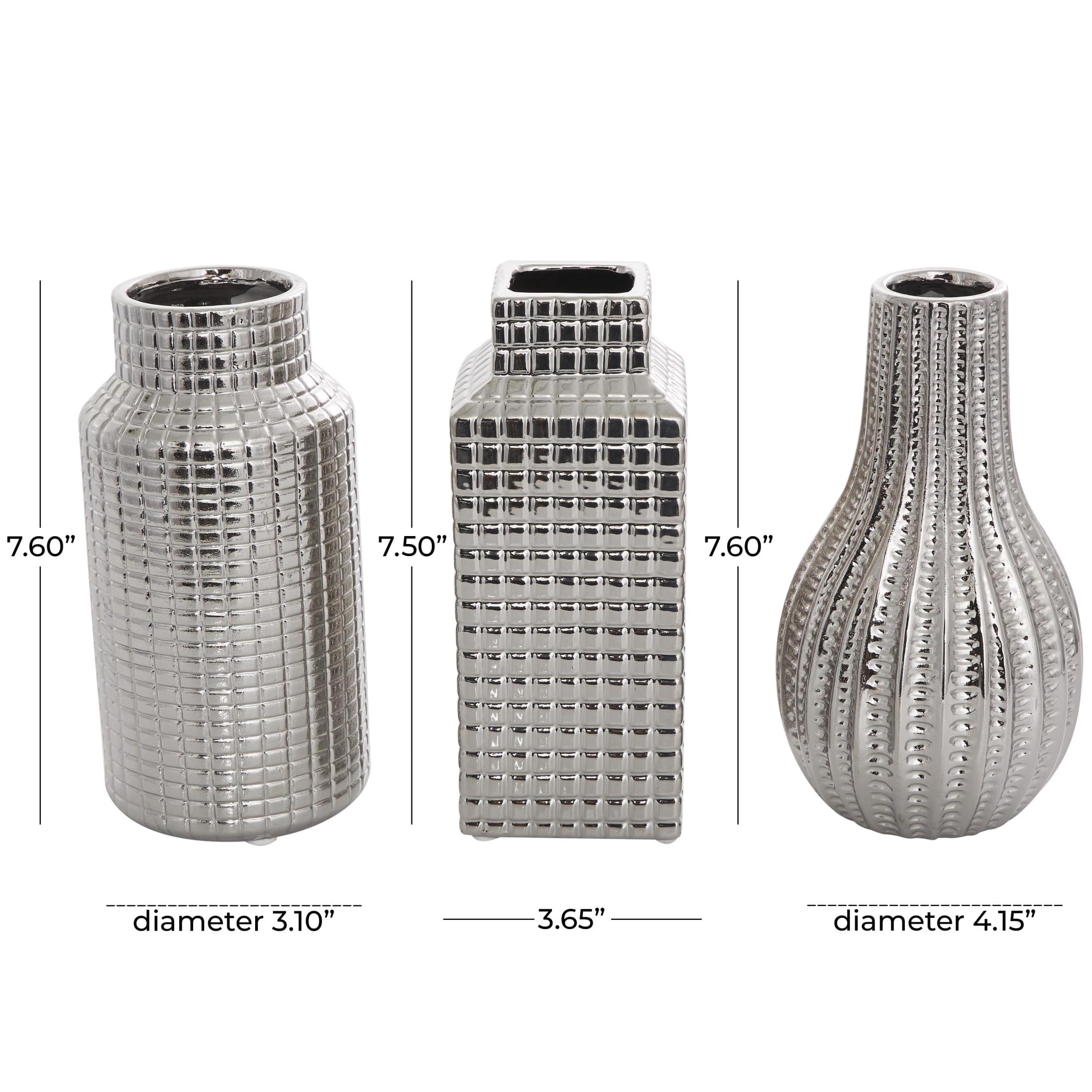 DecMode 3"W, 8"H Geometric Dimensional Textured Silver Ceramic Vase with Varying Shapes and Grid Patterns, Set of 3