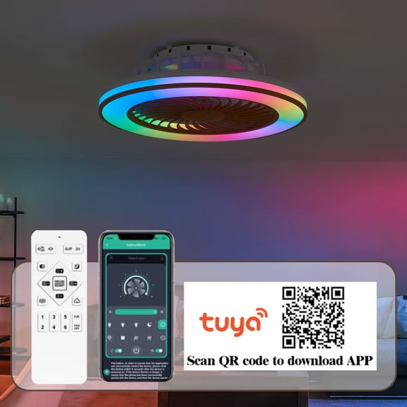 20in Caged Ceiling Fans Lights,Low Profile Enclosed RGB Lamp with APP Control,True Wood Color