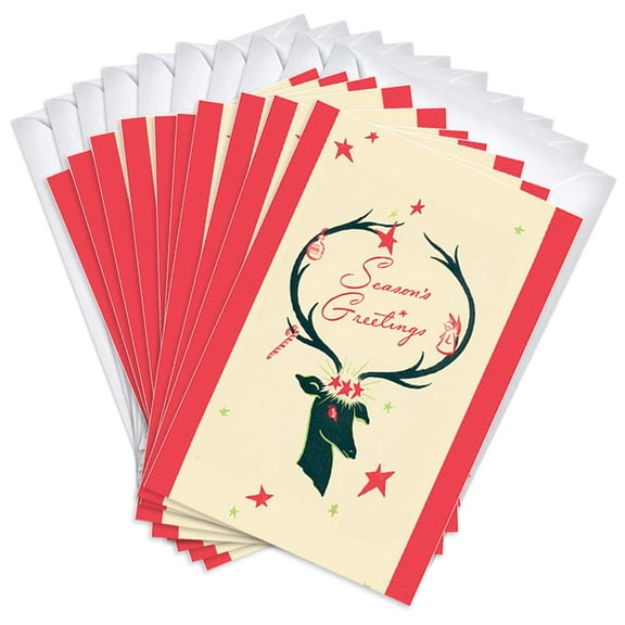 Reindeer Stars Traditional Holiday Greeting Cards | 10 Pack Bulk Set (4x6)