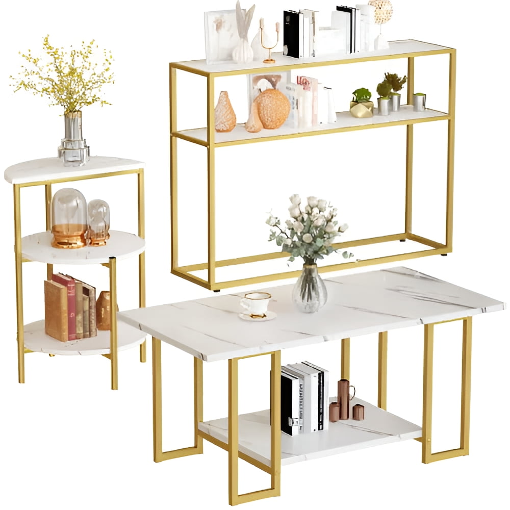 AWQM Storage Multi 3 Tiers 2 Pieces Marble Coffee Table, 2 Side Table, White/Gold
