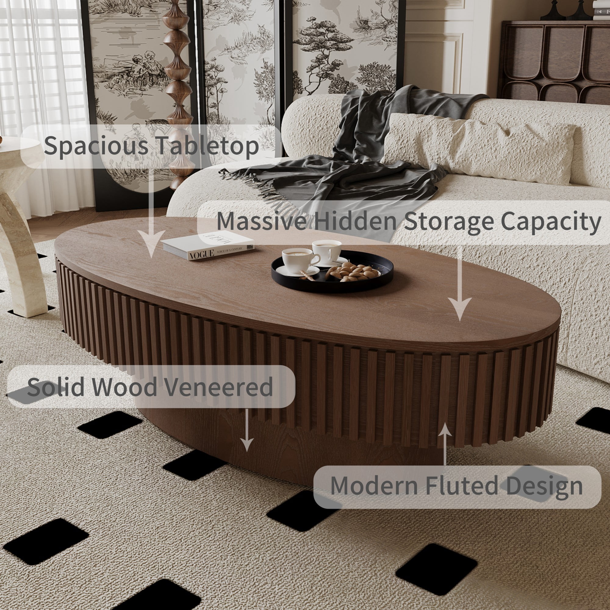 47" Oval Coffee Table with Storage, Fluted Modern Coffee Table with Hidden Storage, Wood Veneer Center Table for Living Room, Walnut