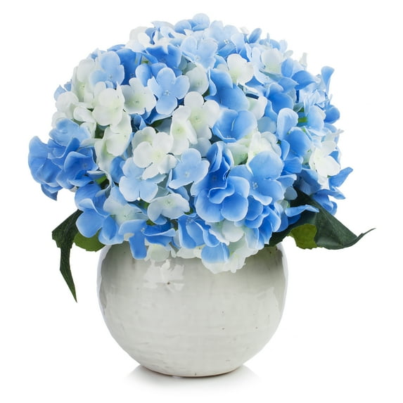 Enova Home Artificial Silk Hydrangea Faux Flowers Arrangement in Round Ceramic Pot for Home Office Wedding Decoration (Blue Cream)