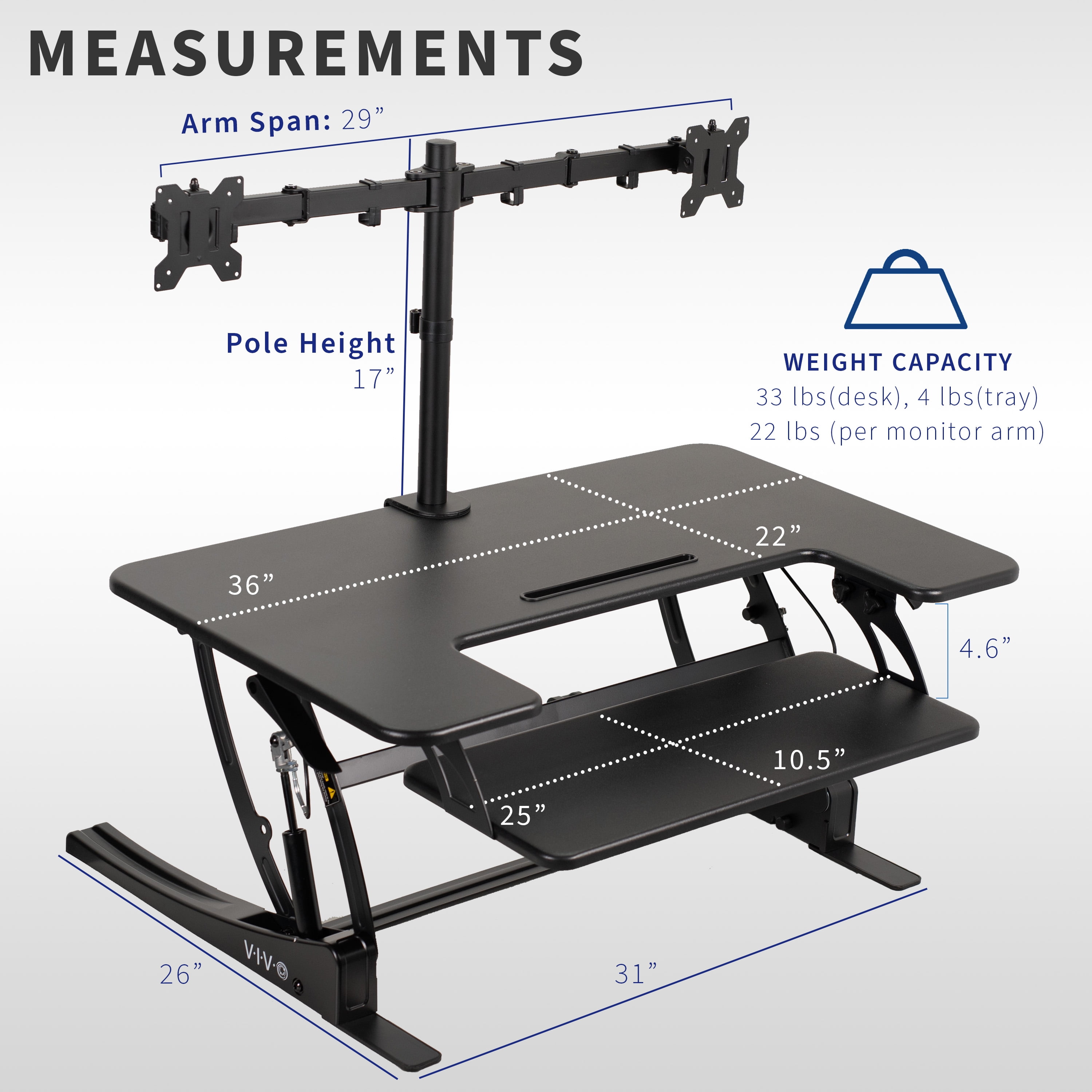 VIVO Black 36" Standing Desk Riser with Dual Monitor Stand for up to 30" Screens