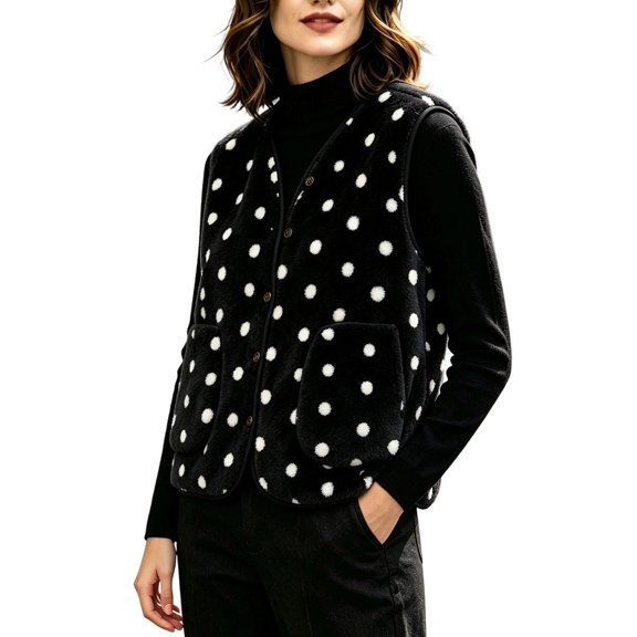 GUACER Womens Polka Dot Fleece Vest V Neck Cropped Loose Sleeveless Casual Jacket for Fall Winter