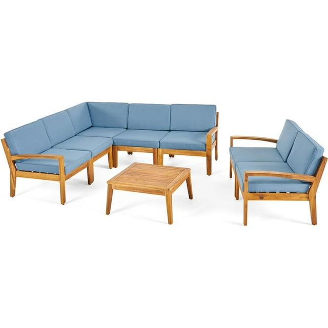 Noble House Acacia Extérieur Bois 7 Places Sectionnel Canapé Set Teck/bleu