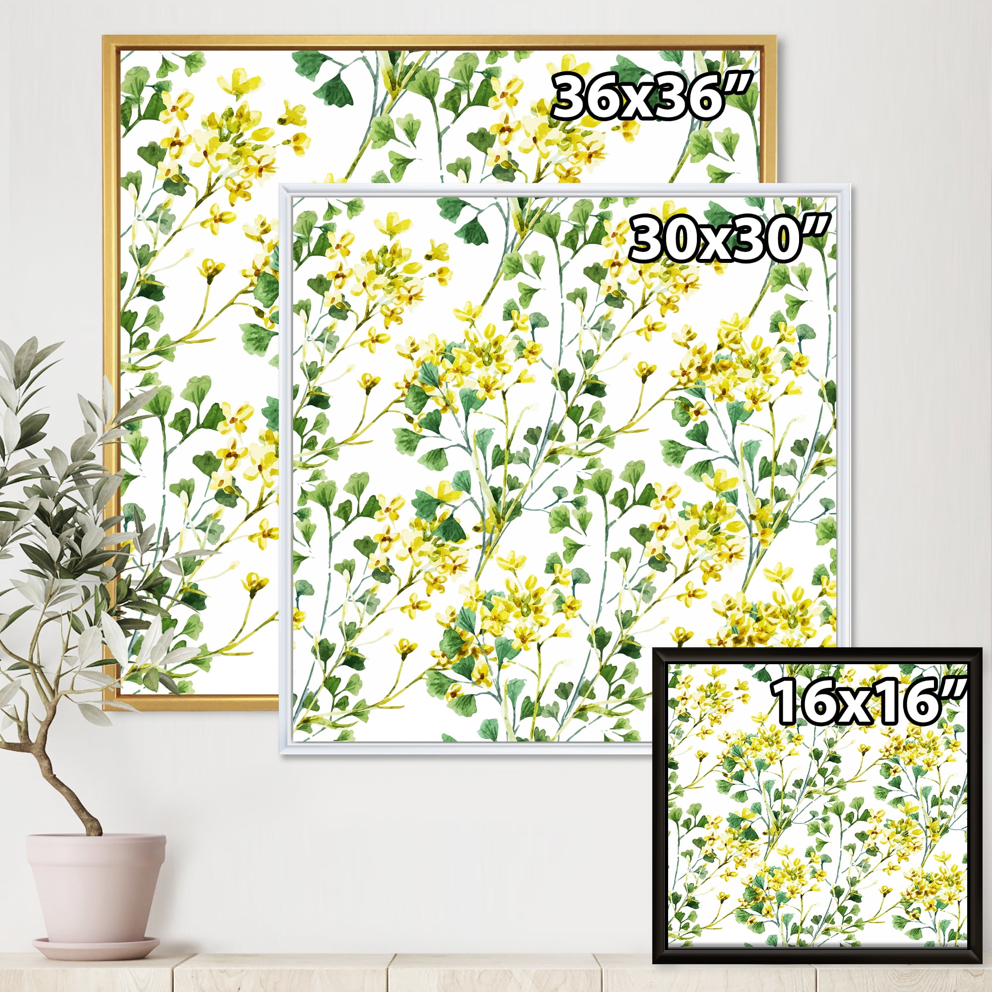 Designart 'Vibrant Yellow Summer Wildflowers On White' Traditional Framed Canvas Wall Art Print