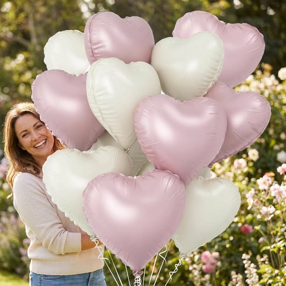 12 PCS Pink Heart Balloon Heart Foil Balloons White Heart Balloon for Birthday Party Valentines Day Wedding Anniversary Decorations 18 inch