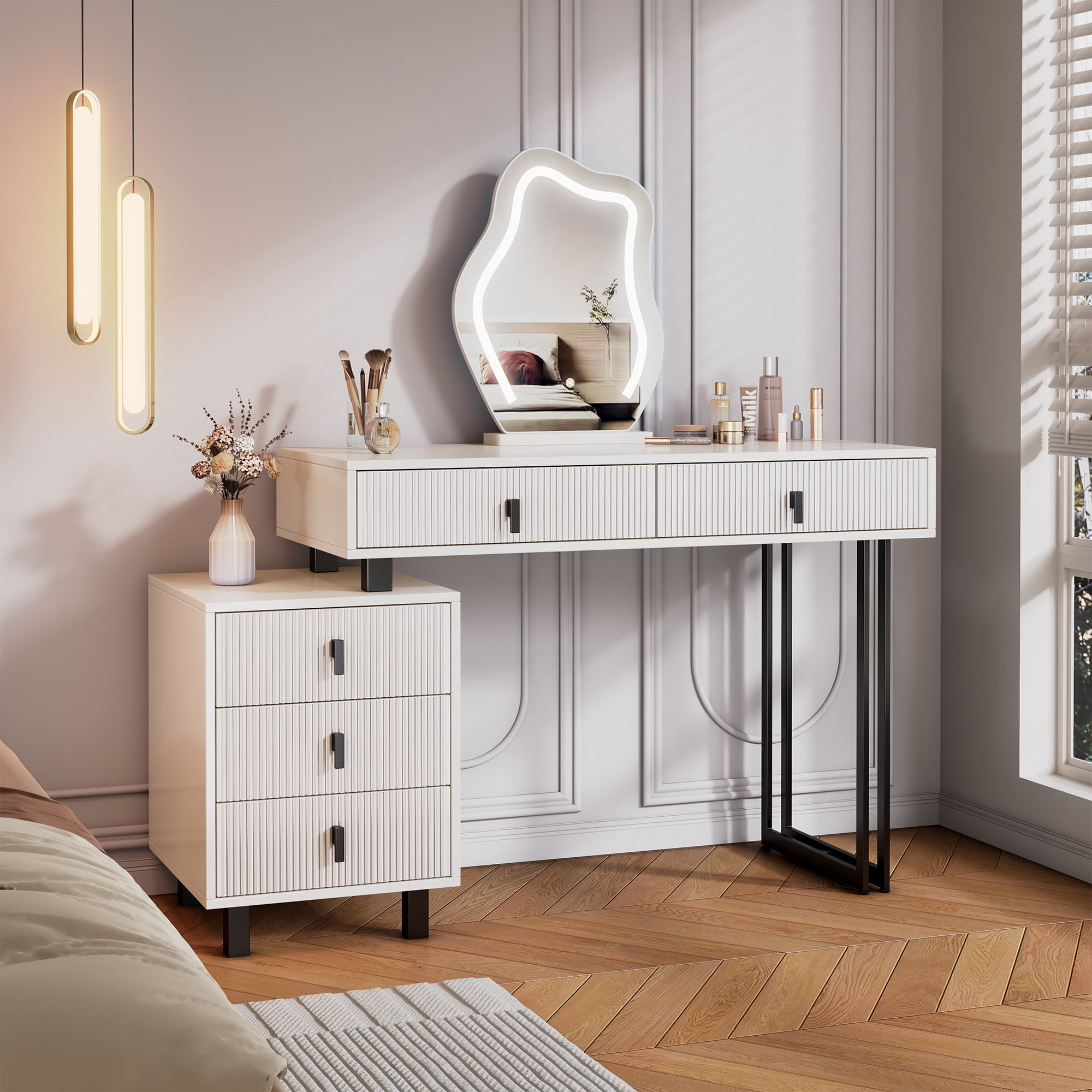 Mintazer Modern Vanity Desk with Cloud LED Mirror & Reversible Side Cabinet, Ribbed Texture Makeup Vanity Table with 5 Drawers & Gloss Top for Bedroom, White