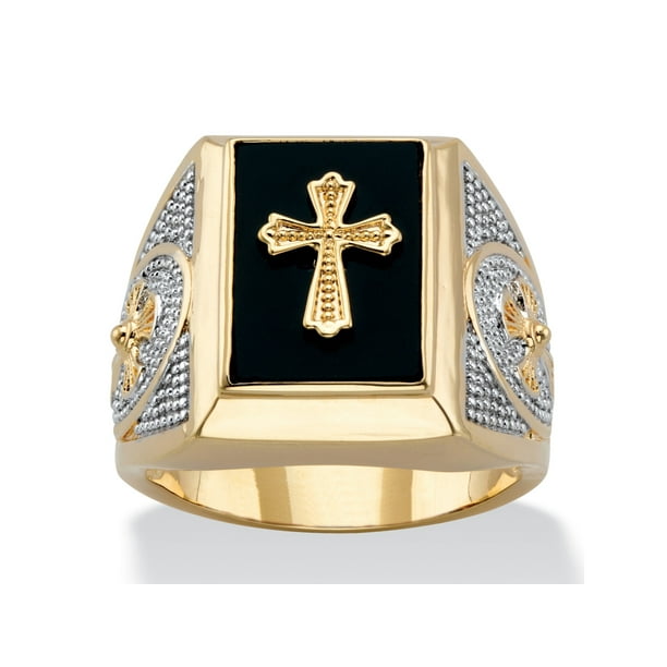 PalmBeach Jewelry Men's Genuine Black Onyx Cabochon Textured Cross Ring 14k GoldPlated