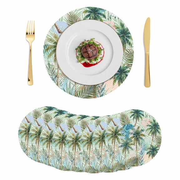 Tropical Plants Round 13 Inch Placemats Set of 8, Summer Coastal Beach Coconut Tree Green HeatResistant Non Slip Place Mats for Dining Table, Wipeable Braided Kitchen Table Mats for Housewarming