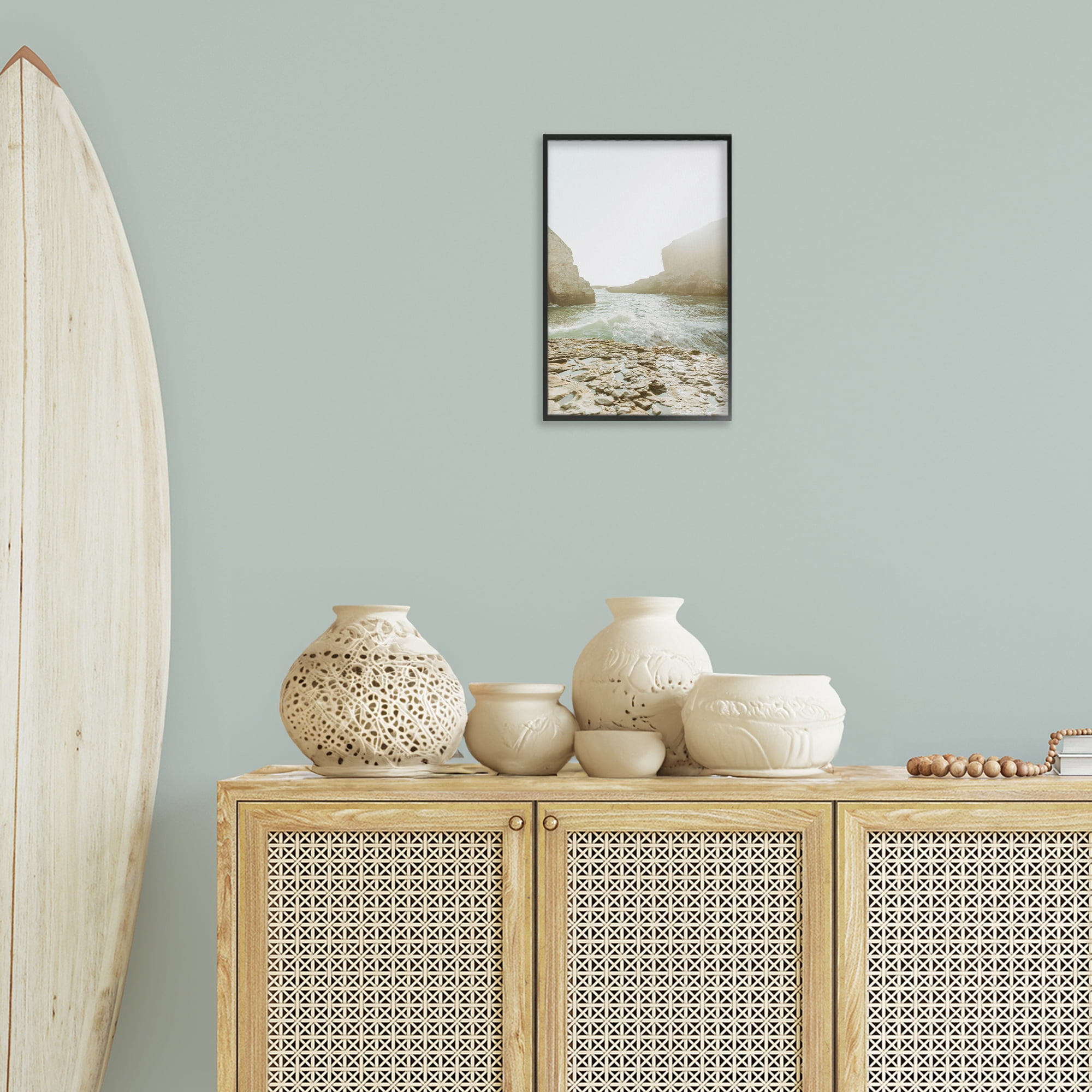 Stupell Industries Rocky Beach Cove Landscape Photography Black Framed Art Print Wall Art, 12 x 18