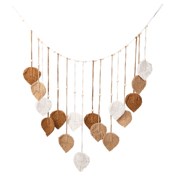 Boho Macrame Leaf Wall Hanging 48.7 x 31.4in Goldenrod Cotton Rope Woven Feathers Tassel Handmade Wood Beads Wall Art Tapestry for Home Living Room