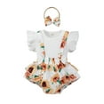 thumbnail image 2 of Bagilaanoe Infant Newborn Baby Girl Floral Summer Outfits Ruffle Fly Sleeve Ribbed Tops+Suspender Shorts + Headband Shorts Set 3Pcs, 2 of 2