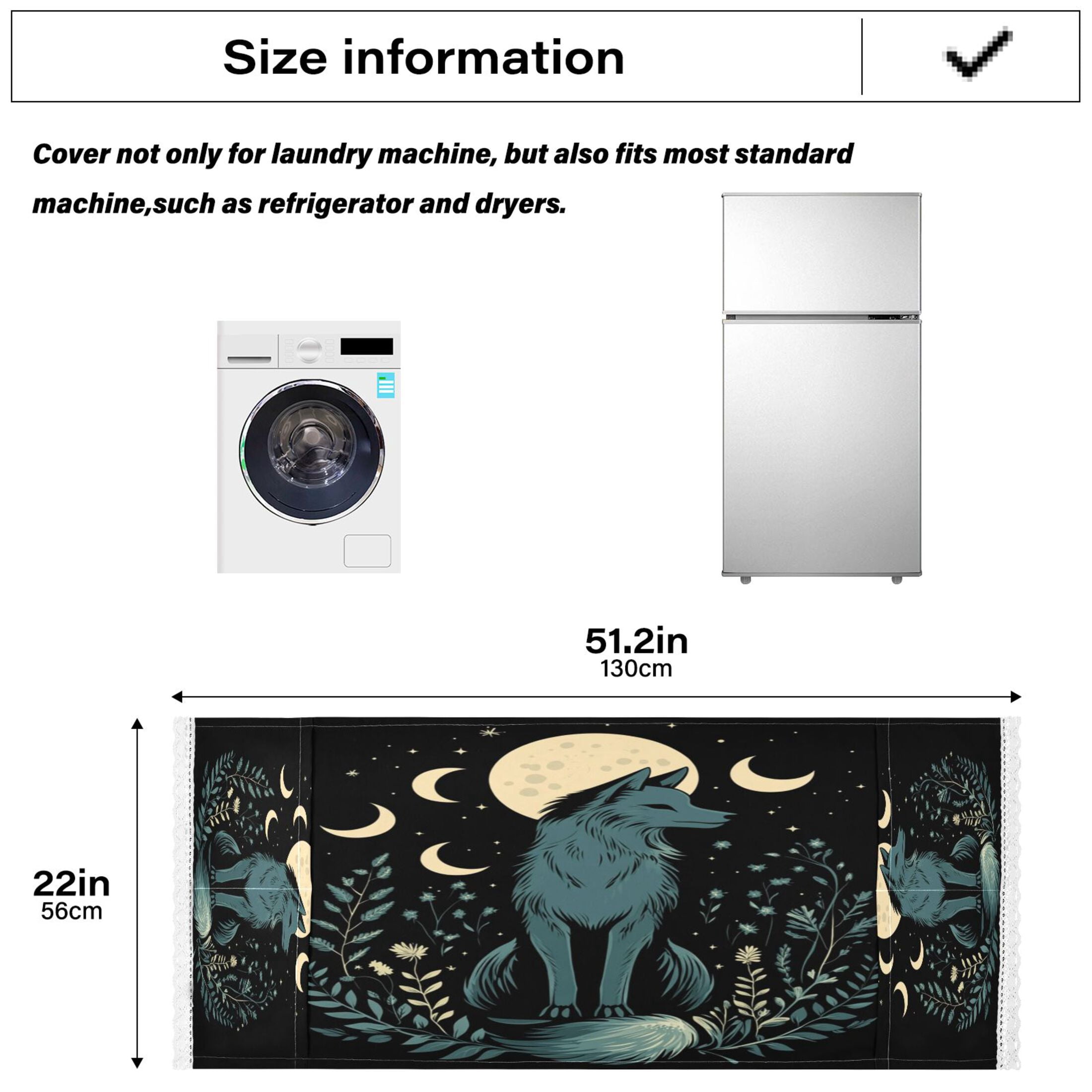 Washing Machine Cover 51.2x22in, Durable Polyester Dust Cover with Lace Trim and Side Pocket for Appliances The Moon Fox