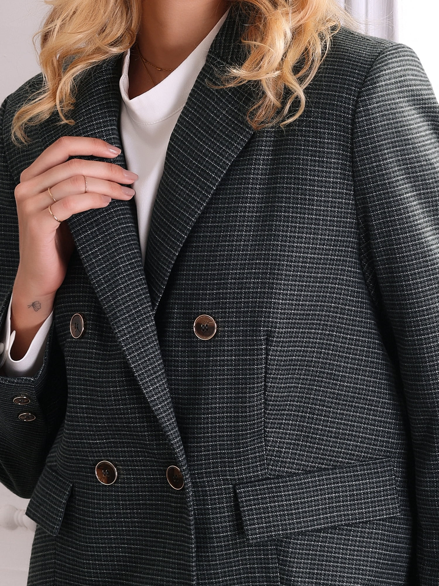 DARING DIVA Women's Plaid Blazer Notch Lapel Work Suit Jacket S Dark Grey