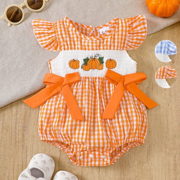 sususu Baby Girl Halloween Outfit Pumpkin Ghost Bubble Smocked Romper Plaid Bodysuit Fall Winter Clothes (Orange,12-18 Months)