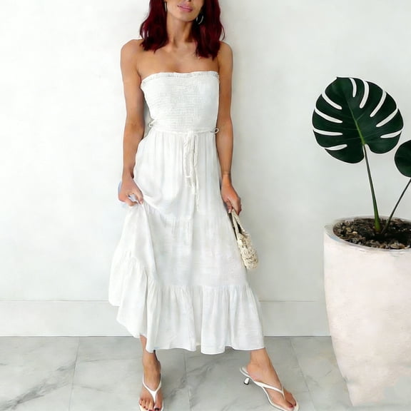 Women's Boho Strapless Maxi Dress Smocked Bust Bandeau Tube Top Tiered Ruffle Hem Flowy Beach Sun Dress with Tie Belt For Summer Vacation Or Daily Wear