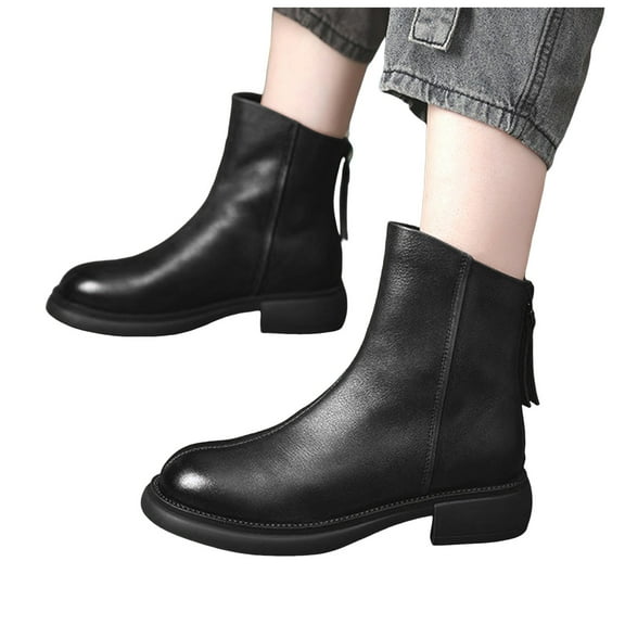 Mid Calf Combat Boots for Women with Back Zipper Fashion Casual Leather Winter Fall Short Chelsea Booties