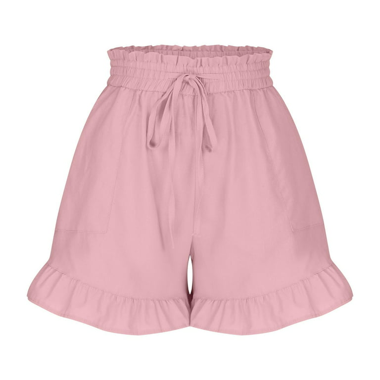 JWZUY Womens Linen Shorts High Waisted Wide Leg Drawstring Ruffle Flowy  Short Pants with Pockets 1-Pink S 