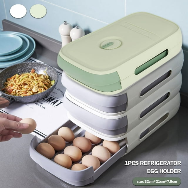Kitchen Plastic Egg Holder Egg Storage Container for Refrigerator Drawer Type Egg Fresh Storage Box with Handles Stackable Plastic Egg Tray Holds 20 Eggs