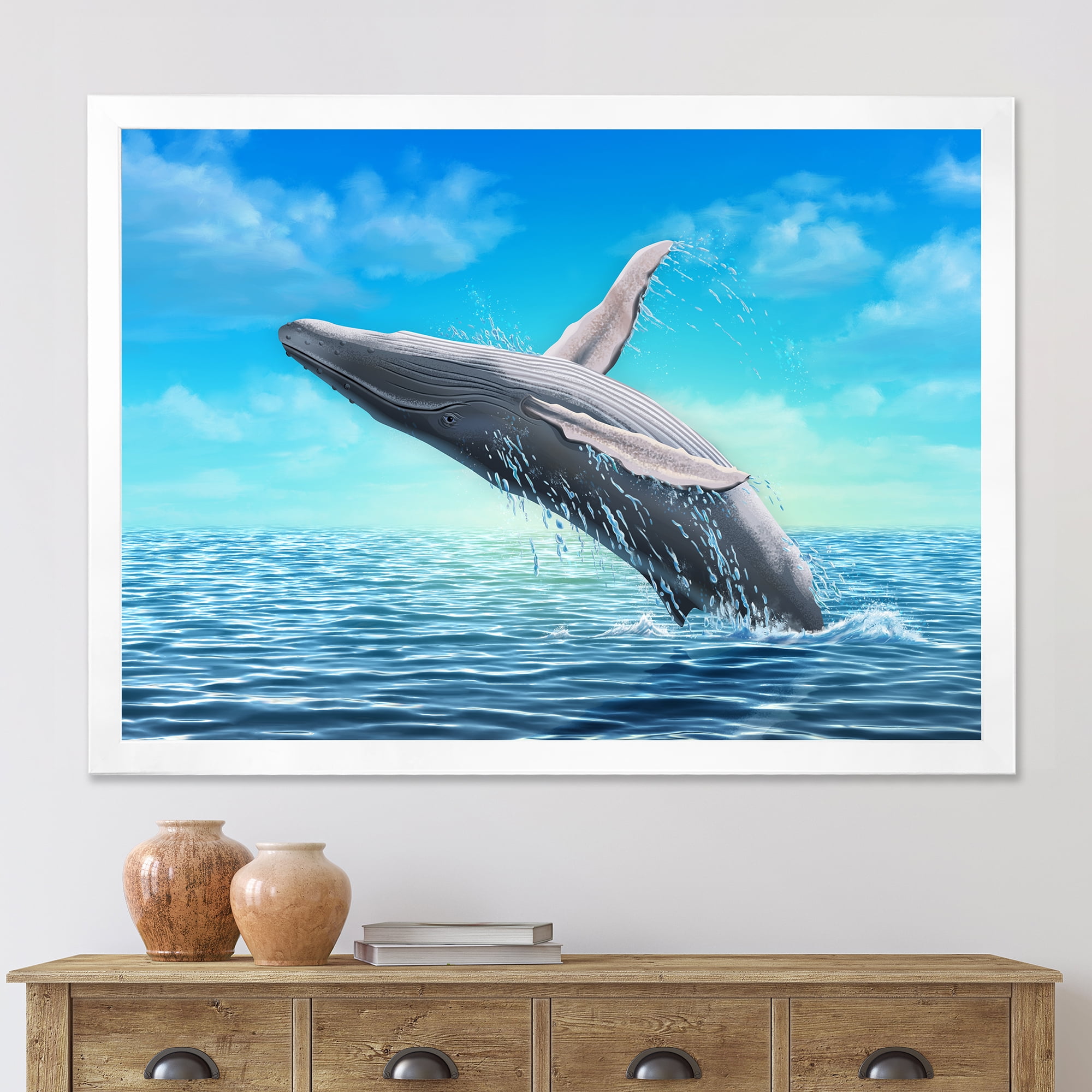 Designart 'Humpback Whale Jumping Out of Sea' Farmhouse Framed Art Print