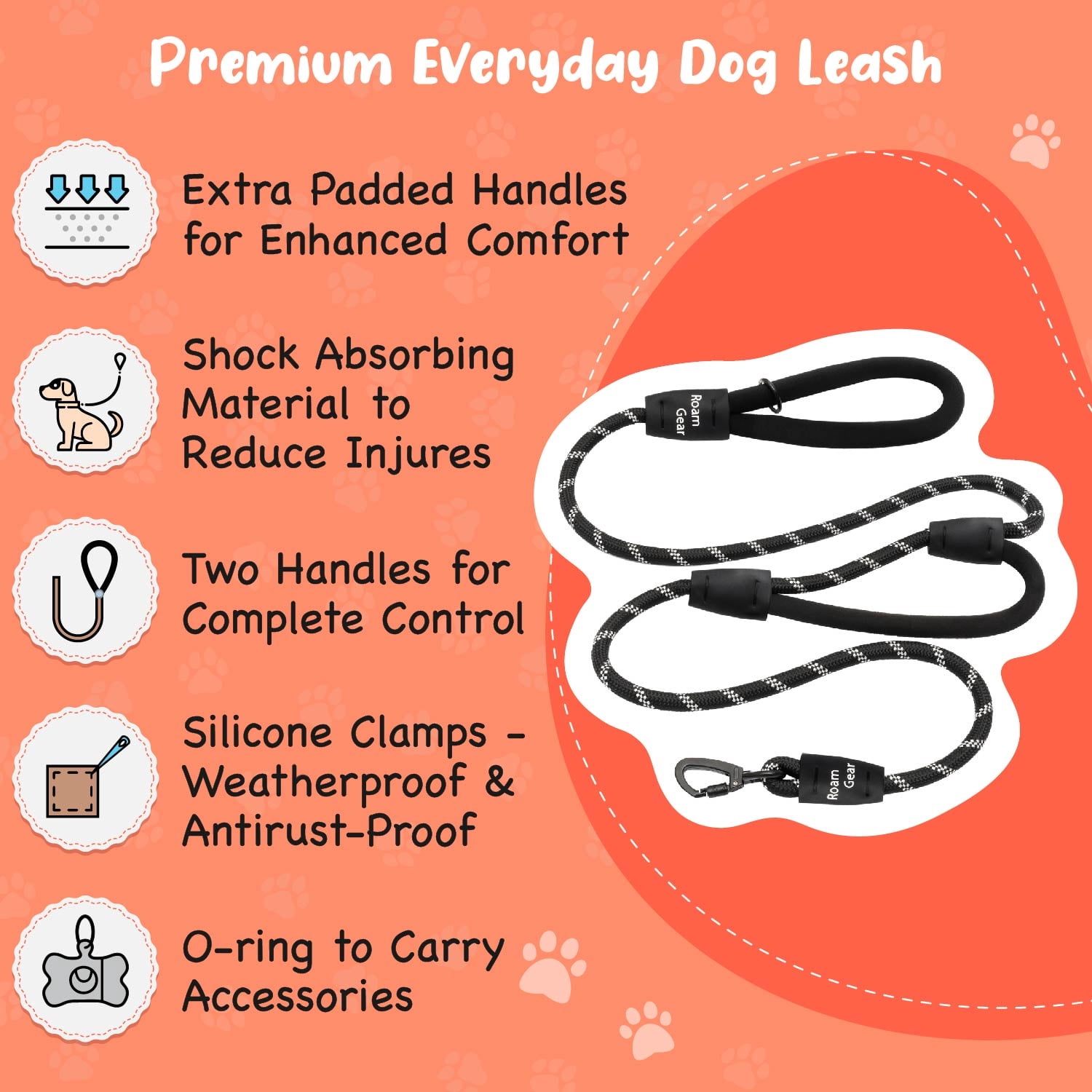 Roam Gear 6 Foot Dog Leash, Nylon, Reflective, Heavy Duty, Padded Handles, Lockable Carabiner, Black
