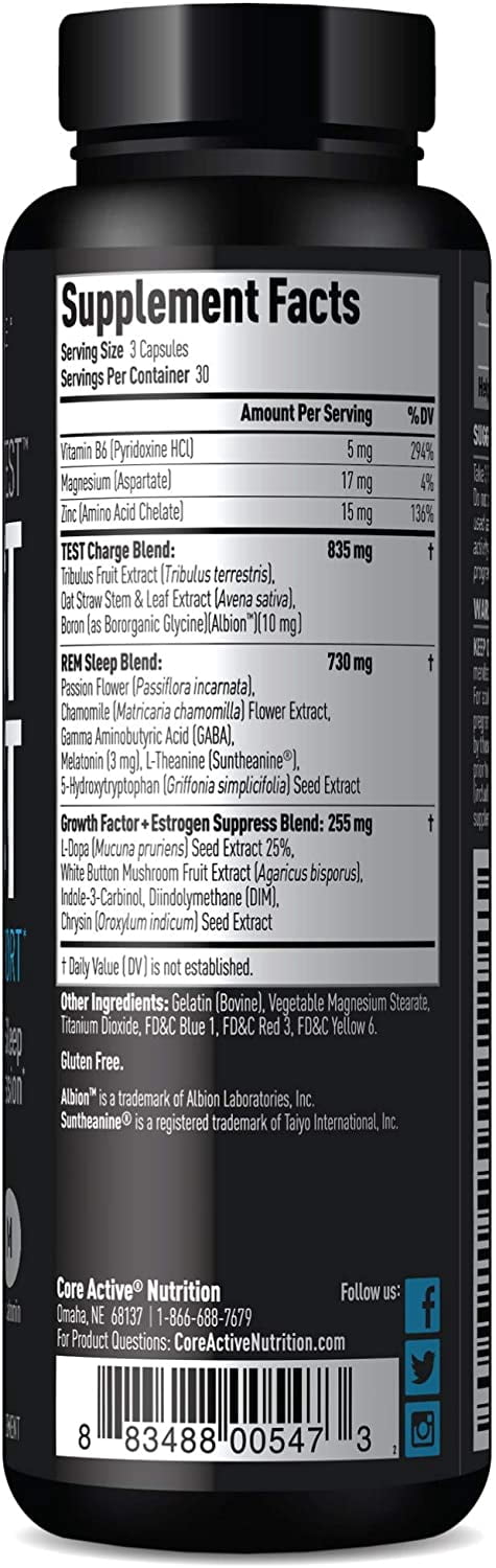 Core Active REM TEST P.M. Testosterone Boost - Sleep Aid and Relaxation for Optimal Rejuvenation - Enhance Muscle Recovery - Increase Lean Muscle Growth for Men - 90 Capsules
