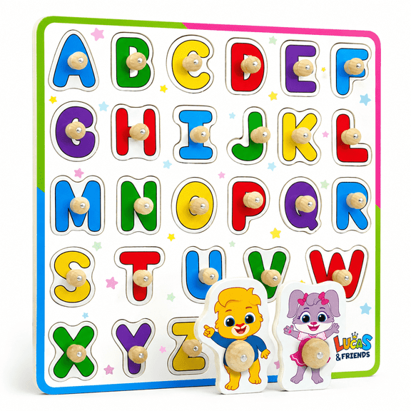 Lucas & Friends Wooden Alphabet Peg Puzzle Board for Toddlers, Learning Toy for Kids Ages 3-5, Made of Wood