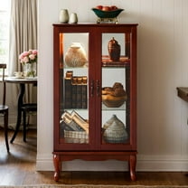 Lighted Curio Cabinet with 3-Tier Adjustable Shelves and Mirrored Back Panel, 44" H Glass Display with Tempered Glass Doors, Wooden China Cabinet for Living Room(E26 Light Bulb not Included)